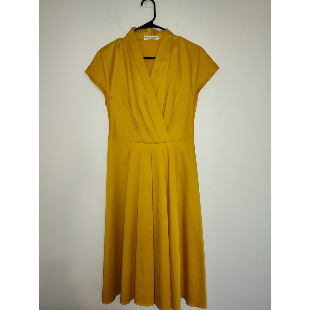 Jacques Robert Mustard Yellow Cotton Pleated Wrap Midi Dress with Sash Tie